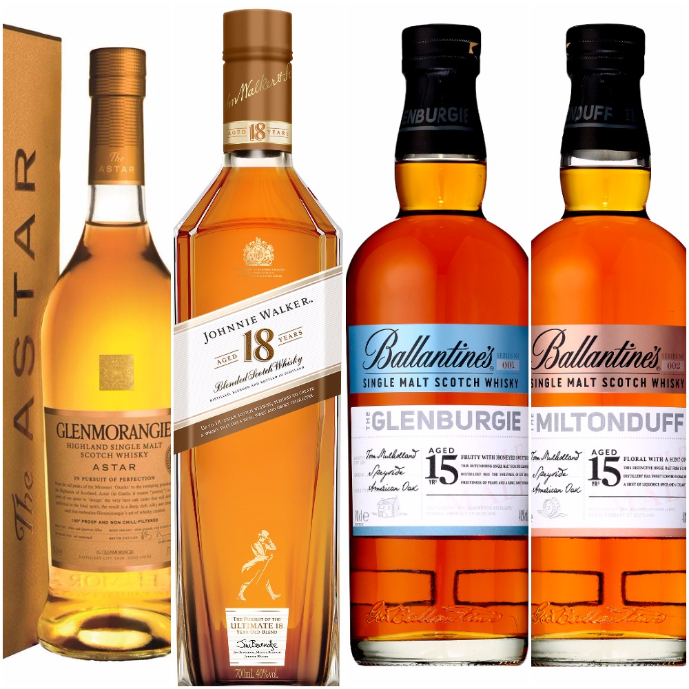 Glenmorangie Astar, Johnnie Walker 18, Ballantine's Single Malts